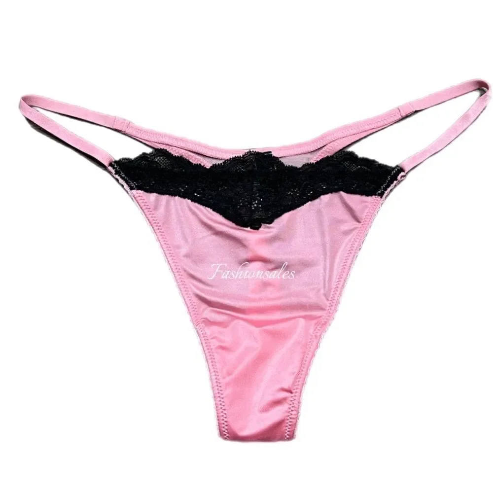 Victorias Secret RARE Supersoft Satin Lace waist Thong panty Pink  Medium